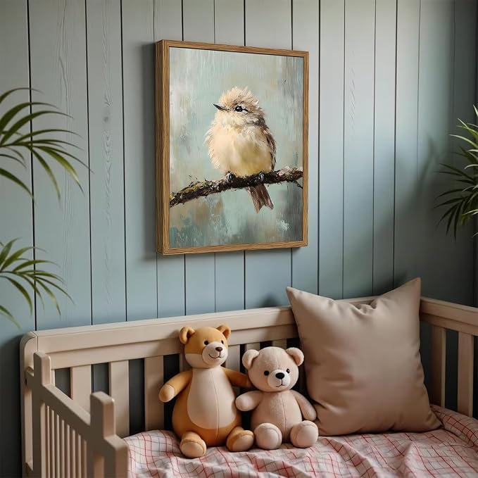 Framed Vintage Bird Wall Art, Small Bird Rustic Wall Decor Pictures, Unique Animal Canvas Art Prints Farmhouse Cottagecore Paintings for Kid's Room Bathroom Bedroom Kitchen Living Room 12x16 In