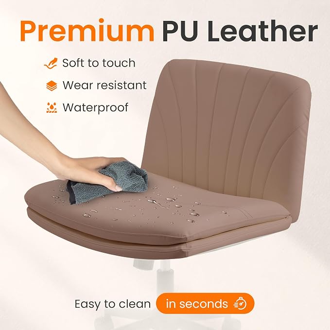 NEO CHAIR Criss Cross Chair with Wheels Armless Cross Legged Office Desk Wide Comfy Vanity Makeup Chair Adjustable Swivel Rolling Computer for Home Office PU Leather (Brown)