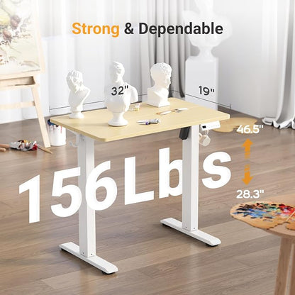 YDN 32" Small Electric Standing Desk Adjustable Height, Sit Stand up Desk with Memory Presets & Cable Management, Home Office Desk for Office & Computer Workstation, White Frame/Nature Top