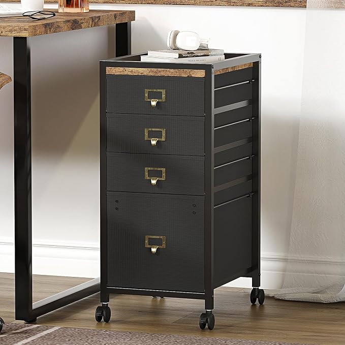 Garvee File Cabinet with 4 Drawers, Mobile Filing Cabinet Fits Letter Size or A4, Fabric Vertical File on Wheels, Home Office Small Under Desk Filing Storage Cabinets, Black