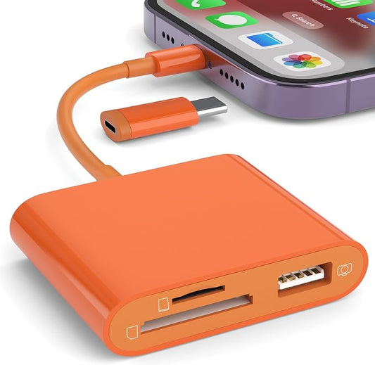 SD Card Reader for iPhone, Memory Card Reader with USB-C to Light-ning Adapter Plug and Play Trail Game Camera Micro SD Card Viewer Support SD/TF Card and USB for iPad No App Required (Orange)