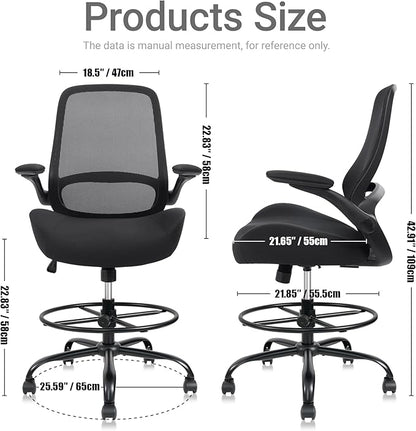 HYLONE 400lbs Big and Tall Heavy Duty Drafting Chair 5" Thickened Seat Tall Office Chair Flip-Up Armrests Ergonomic Chair with Lumbar Support and Adjustable Footrest Ring Standing Desk Chair (Black)