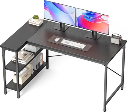 DUMOS 55 Inch L Shaped Gaming Desk Corner Computer Desks Home Office PC Table for Writing Working Study Bedroom with Reversible Storage Shelves,Black