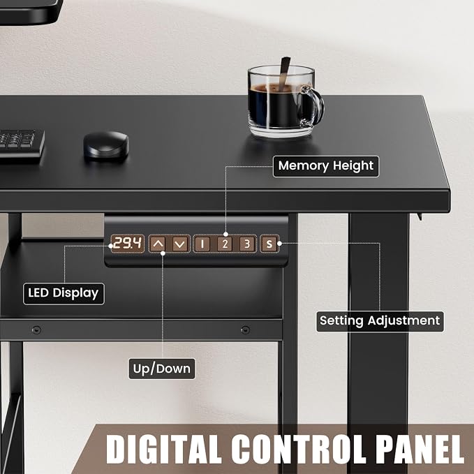 Flycity Electric L Shaped Standing Desk Adjustable Height, 67" x 47" Corner Computer Desk with Host Shelf, Gaming Desk with LED Lights & Power Outlet, Dual Motor Home Office Desk with Storage, Black