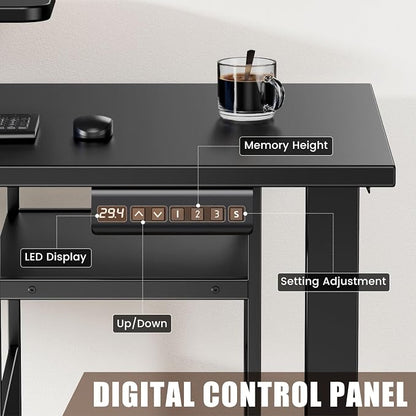 Flycity Electric L Shaped Standing Desk Adjustable Height, 67" x 47" Corner Computer Desk with Host Shelf, Gaming Desk with LED Lights & Power Outlet, Dual Motor Home Office Desk with Storage, Black