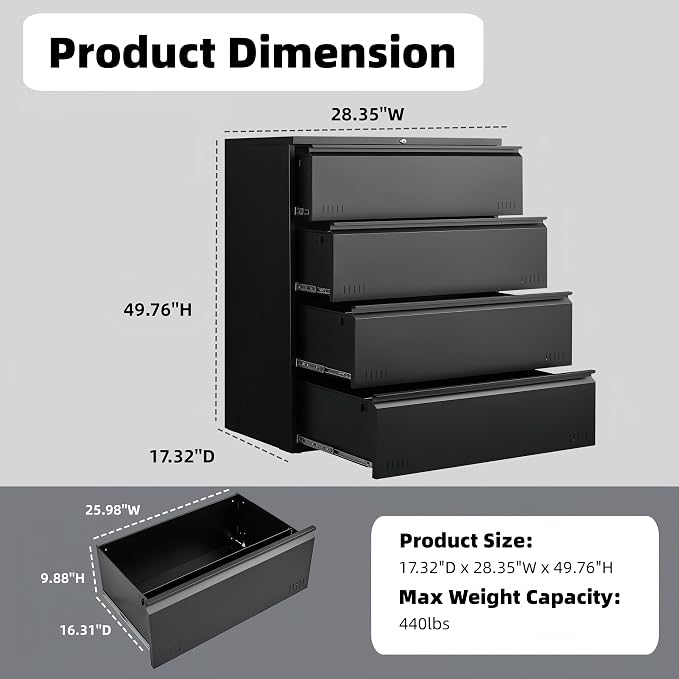 Approgreent Lateral 4 Drawer File Cabient with Lock, Metal Filing Cabinets for Home Office, Heavty Duty Office Storage Cabinet for A4/Letter/Legal (Matte Black)