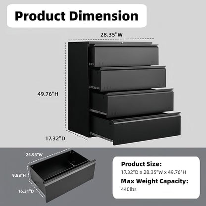 Guizeeopo Metal File Cabinet with Lock, 4 Drawer Lateral File Cabinets for Home Office, Heavy Duty Office Storage Cabinet for A4/Letter/Legal Size, Assembly Required(Black)