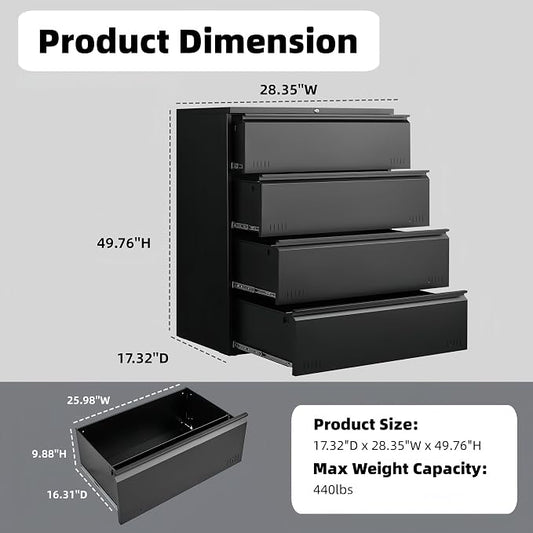 Guizeeopo Metal File Cabinet with Lock, 4 Drawer Lateral File Cabinets for Home Office, Heavy Duty Office Storage Cabinet for A4/Letter/Legal Size, Assembly Required(Black)