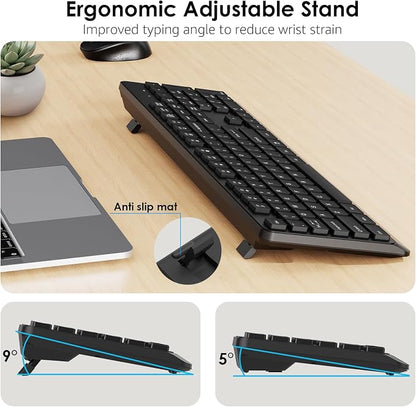 BKA BYA Wireless Keyboard and Mouse Combo,Full Size Quiet Bluetooth Keyboard and Mouse, 2.4GHz USB Receiver, Cordless Silent Keyboard and Mouse for PC, Windows, MAC, Laptop, Black