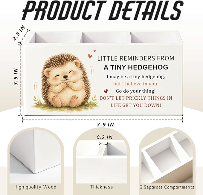 Positive Hedgehog Pen Pencil Holder Desk Decor Gifts for Women | Cute Hedgehog Inspirational Pen Pencil Wooden Organizer Office Desk Accessories Decorations for Dorm Room Bedroom Tabletop