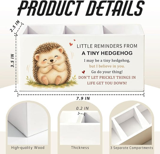 Positive Hedgehog Pen Pencil Holder Desk Decor Gifts for Women | Cute Hedgehog Inspirational Pen Pencil Wooden Organizer Office Desk Accessories Decorations for Dorm Room Bedroom Tabletop