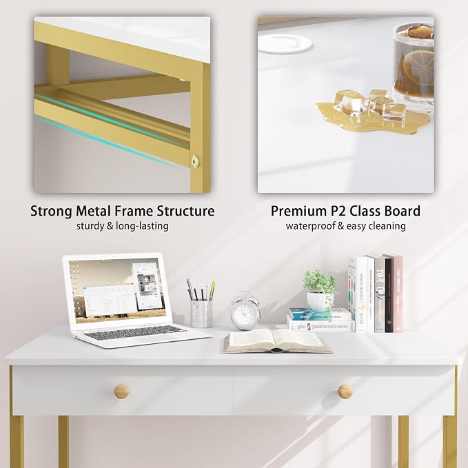 Weehom Computer Desk with Drawers, Home Office Desk for Writing, Studying, and Gaming - Sturdy and Spacious Workstation for PC and Laptop(White and Gold)