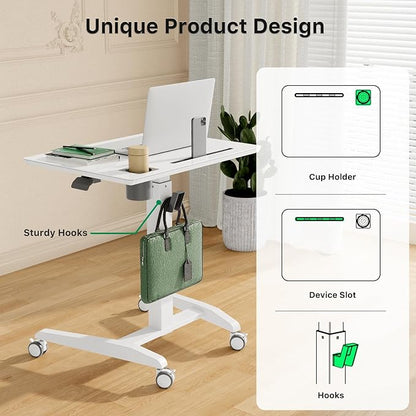 Gibbon Mounts Glass Mobile Standing Desk, Height Adjustable Rolling Laptop Table, 27 inches Portable Sit Stand Desk with Wheels and Hook, Pneumatic Computer Workstation, White