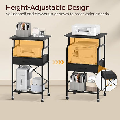 MAHANCRIS Tall Printer Stand, 3 Tier Printer Cart with Storage, Industrial Printer Table on Wheels, Adjustable Shelf & Fabric Drawer, for Home Office Study Black PTBK5501