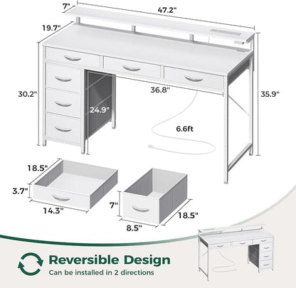 Huuger Gaming Desk with 6 Drawers, Computer Desk with LED Lights Power Outlets and Type-C, 47 Inch Office Table with Storage, Monitor Stand, Writing & Work Home Office, Bedroom, Study, White