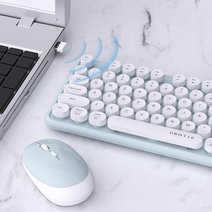 UBOTIE Colorful Wireless Keyboard and Mouse Combos, Retro Typewriter Floating Flexible Full-Sized Keys Computer Keyboard with Optical Mouse, 2.4GHz USB-A Connection for Windows Mac (Green-White)