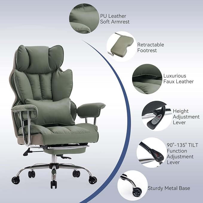 Efomao Executive Office Chair for Heavy People, High Back Computer Chair with Foot Rest, Height Adjustable PU Leather Office Chair,Big and Tall Office Chair (Green)