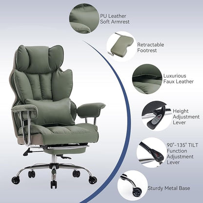 Efomao Executive Office Chair for Heavy People, High Back Computer Chair with Foot Rest, Height Adjustable PU Leather Office Chair,Big and Tall Office Chair (Green)