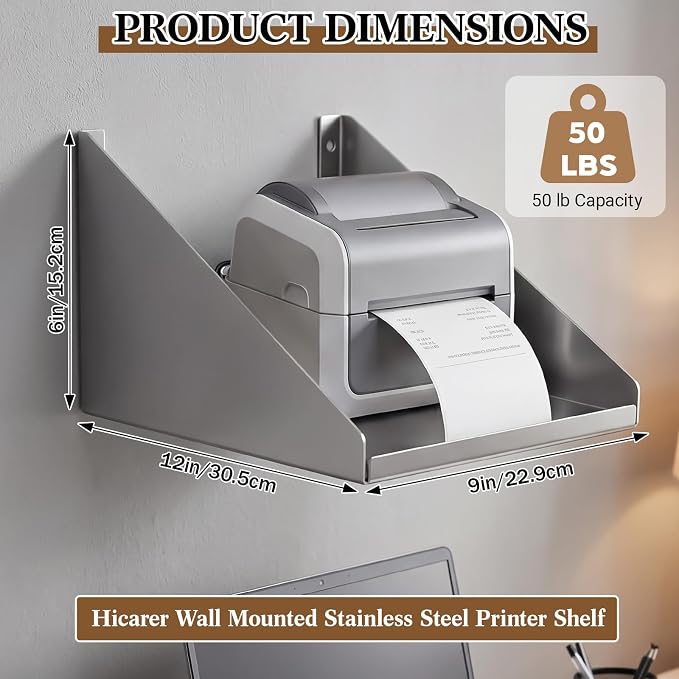 Hicarer Wall Mounted Stainless Steel Printer Shelf 12" x 9"x 6" Restaurant Ticket Printer Shelf 304 Stainless Steel 50 lb Capacity 16 Gauge, Silver