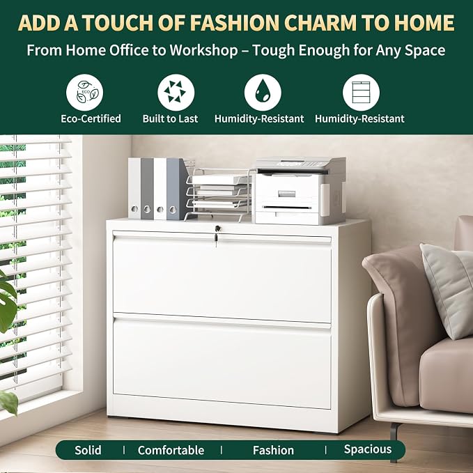 Lateral File Cabinet with Lock, Metal File Cabinets for Home Office Legal/Letter A4 Size, File Cabinet with 2 Drawer Storage Cabinet, Require Assembly, White