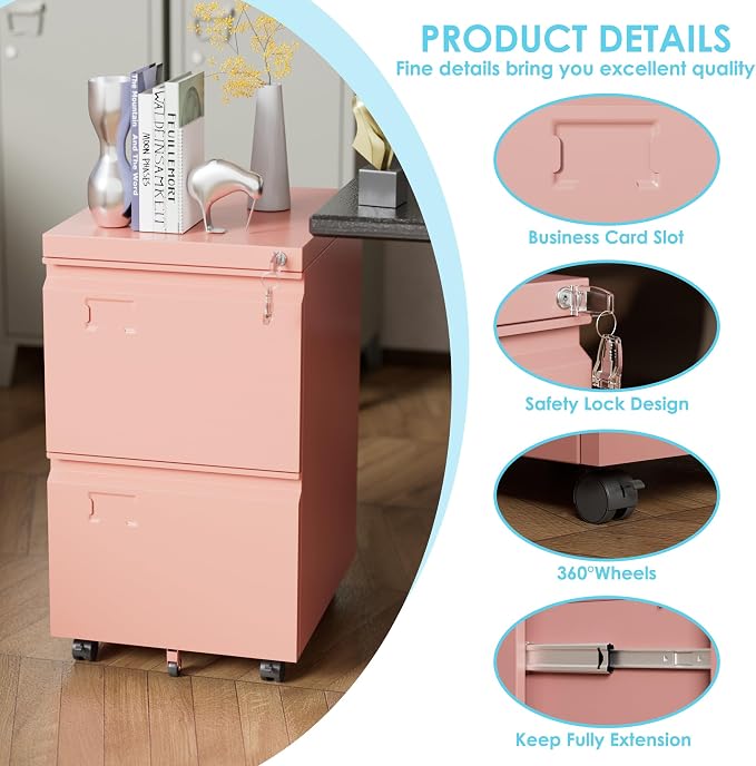 Aobabo Rolling File Cabinet with Lock,2 Drawer Metal Filing Cabinet for Home Office & Under Desk, Heavy-Duty Mobile Storage with 5 Wheels (Anti-Tilt), Fits Letter/Legal,Pink,Required Assembly