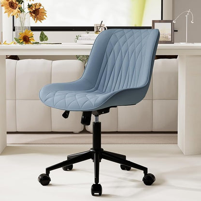 YOUNIKE Blue Office Desk Chair No Arms Vanity Chair with Wheels Modern | Armless, ergonomic high-back design. Comfortable padding and waterproof faux leather. Swivel and height-adjustable.