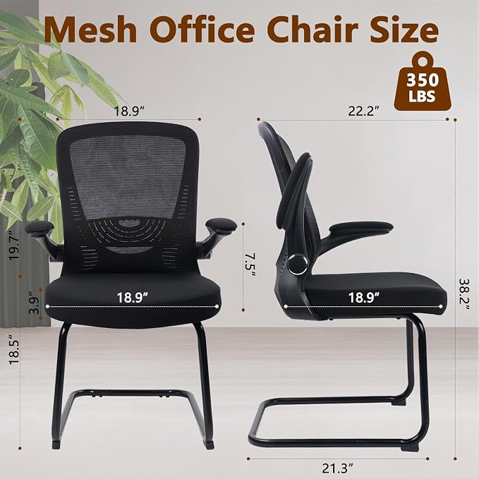 CLATINA Office Guest Chair no Wheels with Lumbar Support and Flip-up Armrest Mid Back Mesh Space Air Grid Series Sled Base for Reception Conference Room Black Set of 2