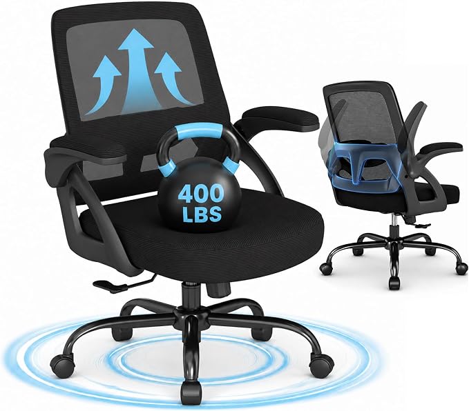 AnyGod Big and Tall Office Chair 400lbs Heavy Duty, Ergonomic Mesh Desk Chair with Flip Up Arms, Wide Seat Computer Task Chair with Lumbar Support, Swivel Executive Chair for Home Office