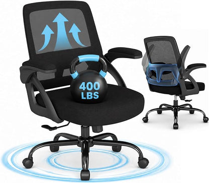 AnyGod Big and Tall Office Chair 400lbs Heavy Duty, Ergonomic Mesh Desk Chair with Flip Up Arms, Wide Seat Computer Task Chair with Lumbar Support, Swivel Executive Chair for Home Office