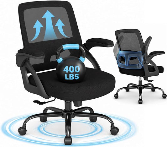 AnyGod Big and Tall Office Chair 400lbs Heavy Duty, Ergonomic Mesh Desk Chair with Flip Up Arms, Wide Seat Computer Task Chair with Lumbar Support, Swivel Executive Chair for Home Office