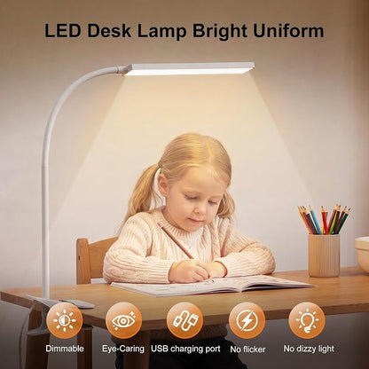 Vansuny Clip on Light LED Desk Lamp with Metal Clip, 6 Level Brightness 3 Color Modes, Power by USB Port 5W Adjustable Neck Eye-Caring Reading Light for Home and Office, White