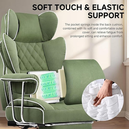 COMHOMA Big and Tall Gaming Chair with Pocket Spring Lumbar Support, Ergonomic Office Chair with Footrest, Executive Desk Chair with Outward Fixed Soft Armrests, Computer Chair with High Back, Green