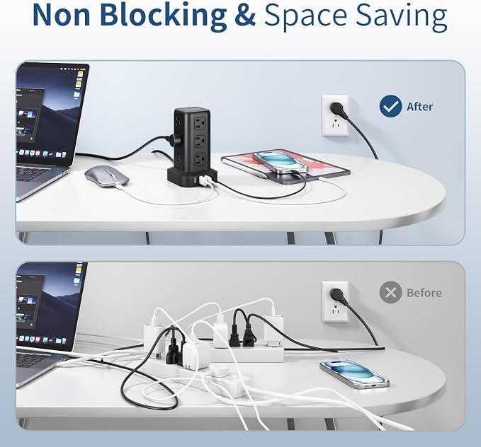 AnnTane Surge Protector Power Strip 6.5 FT Cord, Power Strip Tower with 4 USB Ports (1USB C), Extension Cord with 12 AC Multiple Outlets, Home Office Supplies Desk Accessories, Dorm Room Essentials