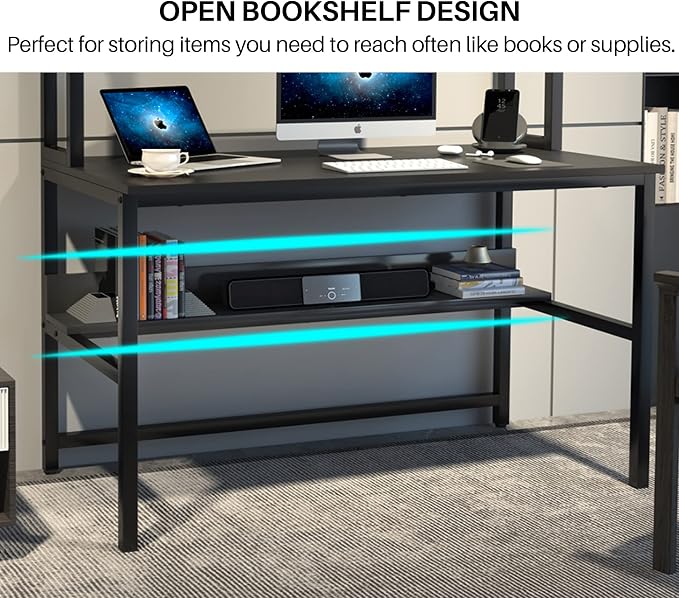 Aquzee Computer Desk with Hutch and Bookshelves, Large Leg Room 55 inch Width Black Desk with Space Saving Storage Shelves, Easy Assemble and All Hardware and Tools Included