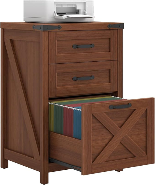 Halitaa 3 Drawer Small File Cabinet, Farmhouse Vertical Filing Cabinet Fits Letter and A4 Size, Under Desk Wooden File Cabinets for Home Office, Printer Stand, Walnut
