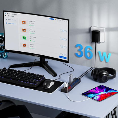 ONFINIO Powered USB Hub, 10-Port USB Splitter Hub (7 Faster Data Transfer Ports+ 3 Smart Charging Port) with Individual LED On/Off Switches and 12V/3A Power Adapter USB Extension for Mac, PC and More