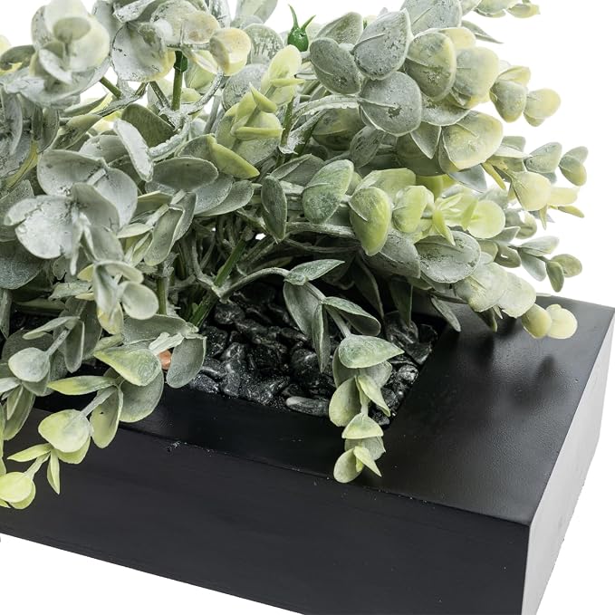 MyGift Artificial Eucalyptus Plant in Black Wood Decorative Planter Pot, Realistic Faux Indoor Greenery in Container for Tabletop Centerpiece Décor