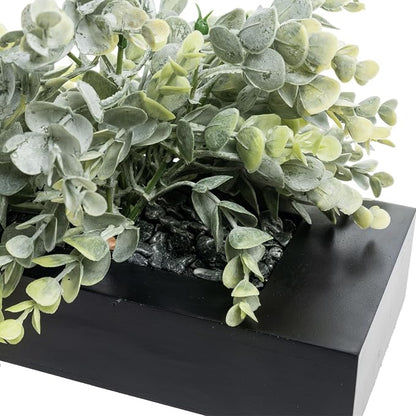 MyGift Artificial Eucalyptus Plant in Black Wood Decorative Planter Pot, Realistic Faux Indoor Greenery in Container for Tabletop Centerpiece Décor