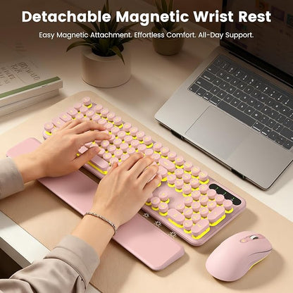 Wireless Keyboard and Mouse Combo, Round Backlit Keycaps, Retro Typewriter Keyboard with Detachable Wrist Rest, Rechargeable & Tilt Legs, 2.4GHz Cordless Connection for Windows/PC (Glowing Pink)
