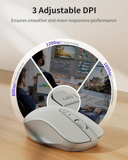 WL300 Bluetooth Mouse Silent Wireless Mice, Quiet Click, Cordless Computer Mouse with 6 Buttons, Sculpted Grip, Adjustable DPI for Laptop, PC, Mac, 18-Month Battery Life for Work Travel（Silver-Gray)