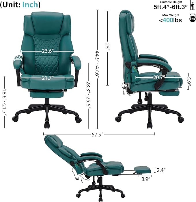 Massage Office Chair with Foot Rest 6 Points Vibration and Heat Home Office Desk Chairs for Heavy People 400lbs Reclining Managerial Chairs Ergonomic Executive Chair (Teal Blue)