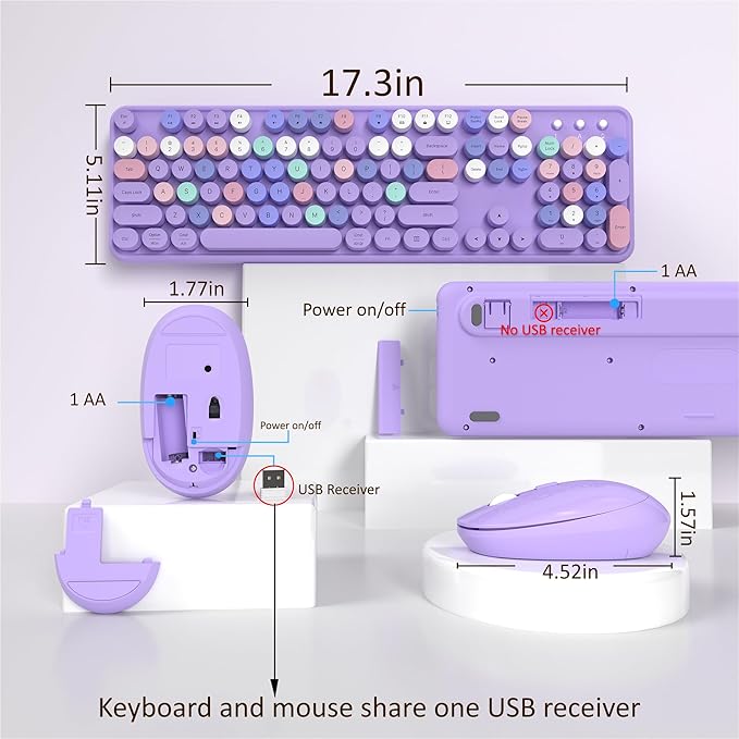 Links9+ Wireless Keyboard and Mouse, Full-Size Retro Typewriter Keyboard with Round Keycaps, 2.4GHz for Windows, Mac, Laptop, PC, Desktop (Purple Colorful)