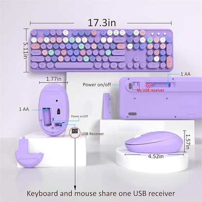 Links9+ Wireless Keyboard and Mouse, Full-Size Retro Typewriter Keyboard with Round Keycaps, 2.4GHz for Windows, Mac, Laptop, PC, Desktop (Purple Colorful)