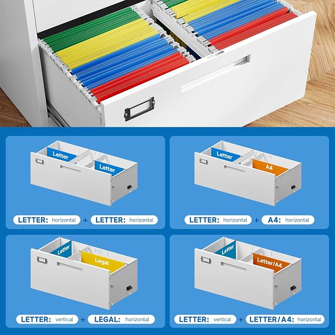 BYNSOE 2 Drawer Lateral File Cabinet Metal Filing Storage Cabinet with Lock Office Home Steel File Cabinet for A4 Legal/Letter Size File Cabinet Locked,Assembly Required (2 Drawer, White)