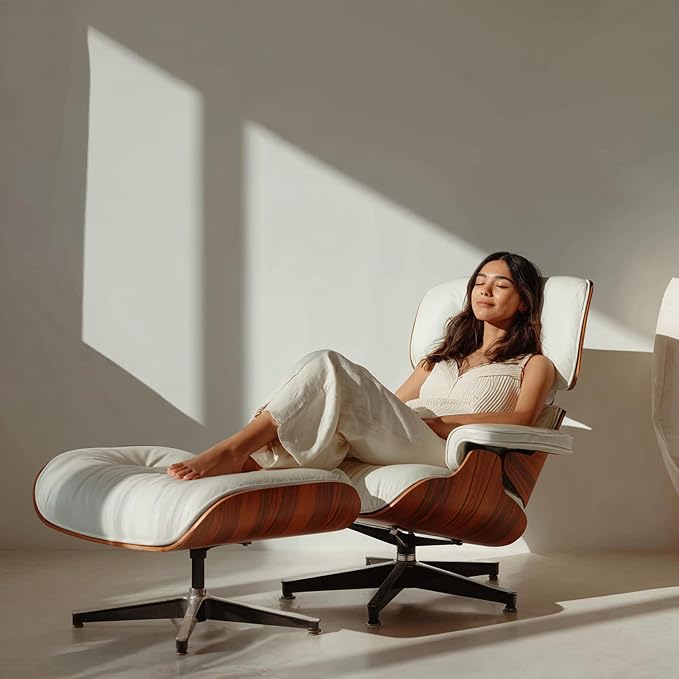 Mid Century Chaise Lounge Chair with Ottoman, Genuine Leather Reading Chair, Modern Chair Classic Design, Heavy Duty Base Support for Living Room Study Lounge Office,Tall Upgraded, Palisander White