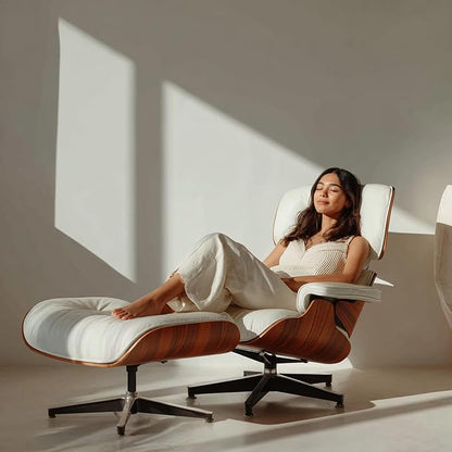 Mid Century Chaise Lounge Chair with Ottoman, Genuine Leather Reading Chair, Modern Chair Classic Design, Heavy Duty Base Support for Living Room Study Lounge Office,Tall Upgraded, Palisander White