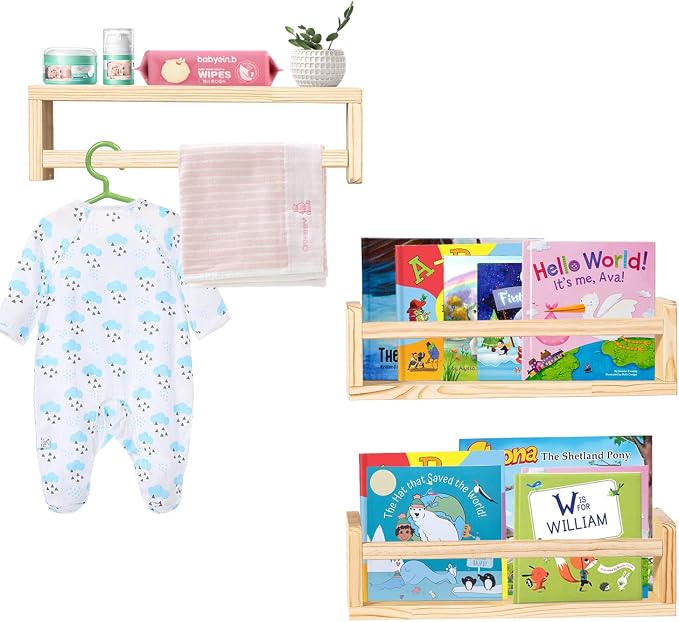 AZSKY Floating Nursery Book Shelves-Natural Wood Bookshelf for Kids Room 16 Inch, Small Bookshelf Wall Mounted for Baby Boys Girls-Living Room, Bathroom, Kitchen, Decor & Storage for Books and Dolls