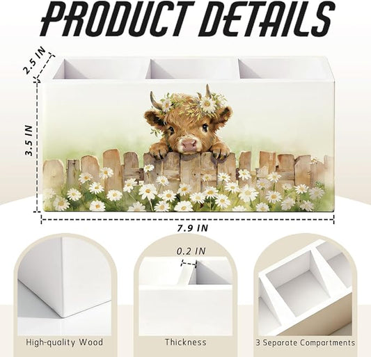 Highland Cow Pen Pencil Holder for Desk, Highland Cow Gifts, Cute Western Cattle Farm Animal Nursery Wooden Box Sign Decorations for Home Office Kids Room Bedroom Desk Tabletop