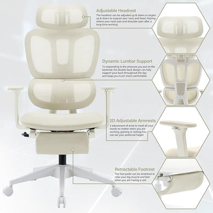 Ergonomic Mesh Office Chair with Retractable Footrest - High Back Computer Chair, Lumbar Support, Adjustable Armrest and Headrest, Durable Base - Multifunctional Home Office Desk Chair for Adults