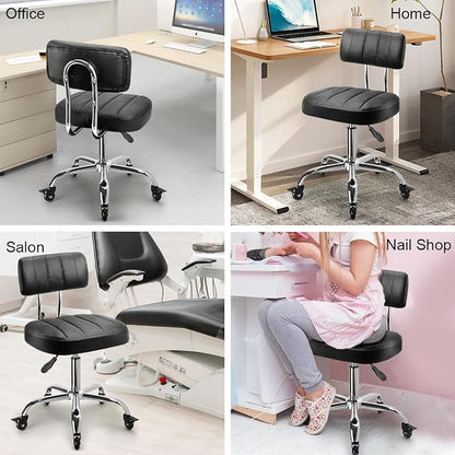 JOSTZHXIN Office Desk Chair with Wheels, Rolling Stool with Backrest Height Adjustable, Swivel Stool with Low Back Lumbar Support, Square PU Leather Swivel Chair with Back (3.2-in PU Wheel)
